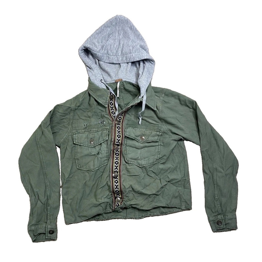 Free People Women's S Olive Utility Hooded Jacket Distressed Cotton‎ Boho